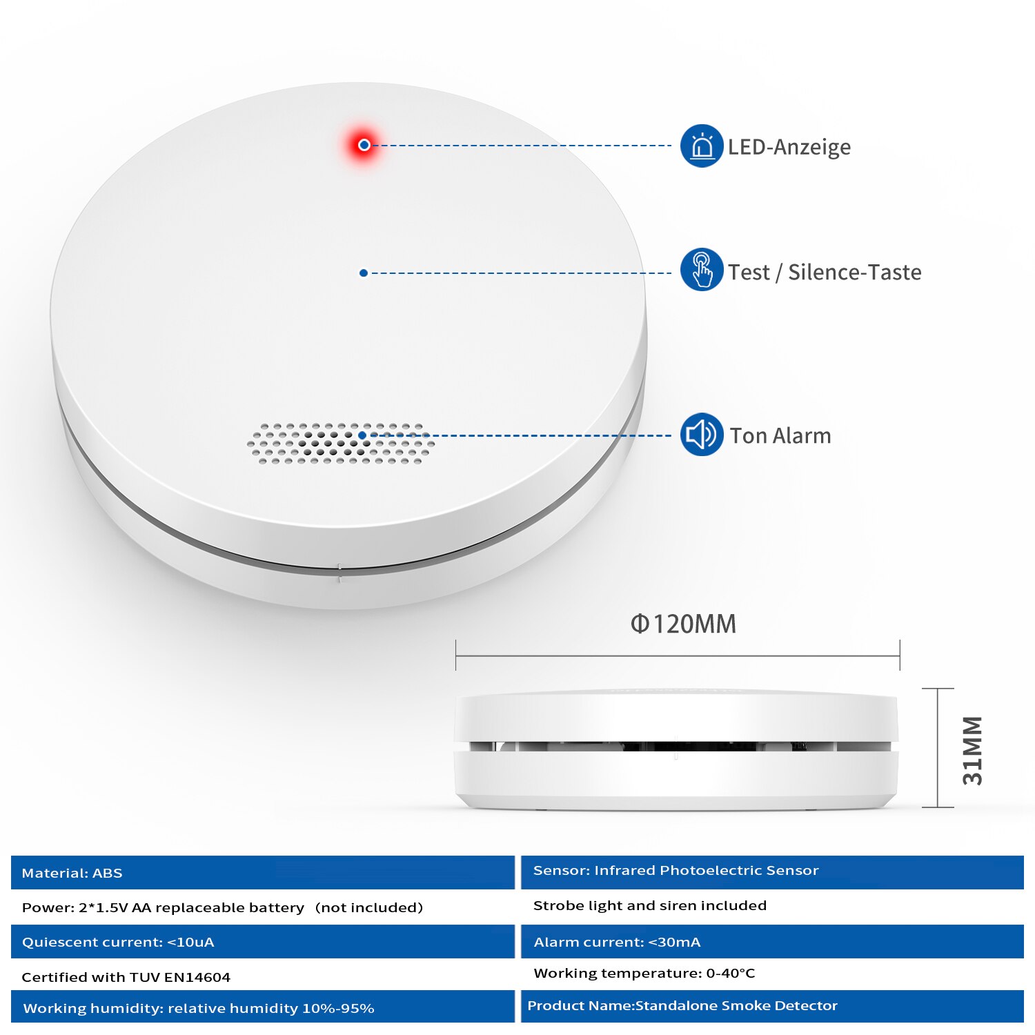 Ultra Thin Standalone Smoke Detector Sensor Home Security Photoelectric Rauchmelder Fire Alarm With CE Approval