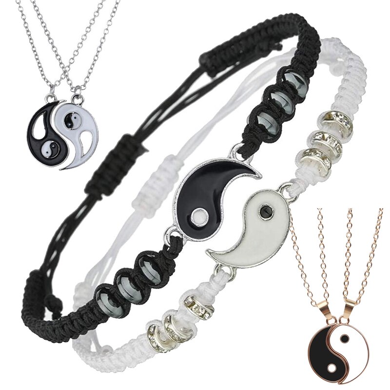 Set di collane per bracciali coppia Tai Chi cinese Fengshui porta fortuna cordoncino di cuoio bracciale intrecciato ciondolo in lega regalo braccialetto intrecciato