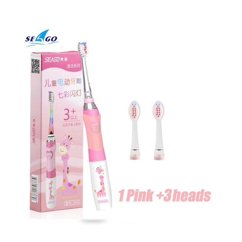 Seago Kids' Electric Toothbrush Powered Battery Smart Timer ToothBrush Soft Bristle Brush Head Kids Oral Care Colorful LED: Pink 3 heads