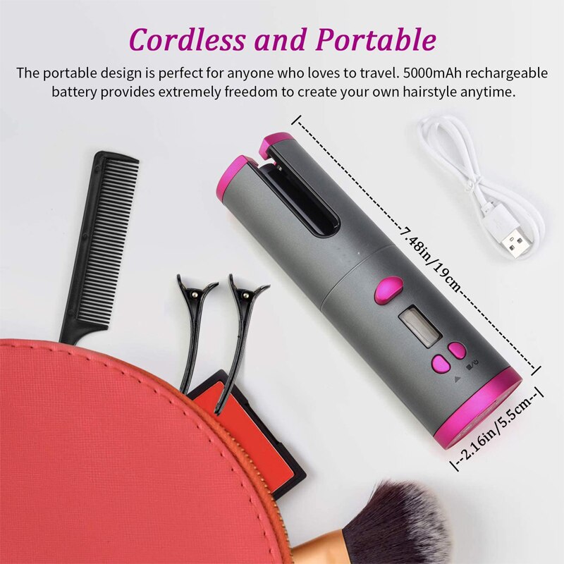 Rizador de pelo automático inalámbrico portátil, rizador de cerámica recargable por USB, herramientas de estilismo de rotación automática