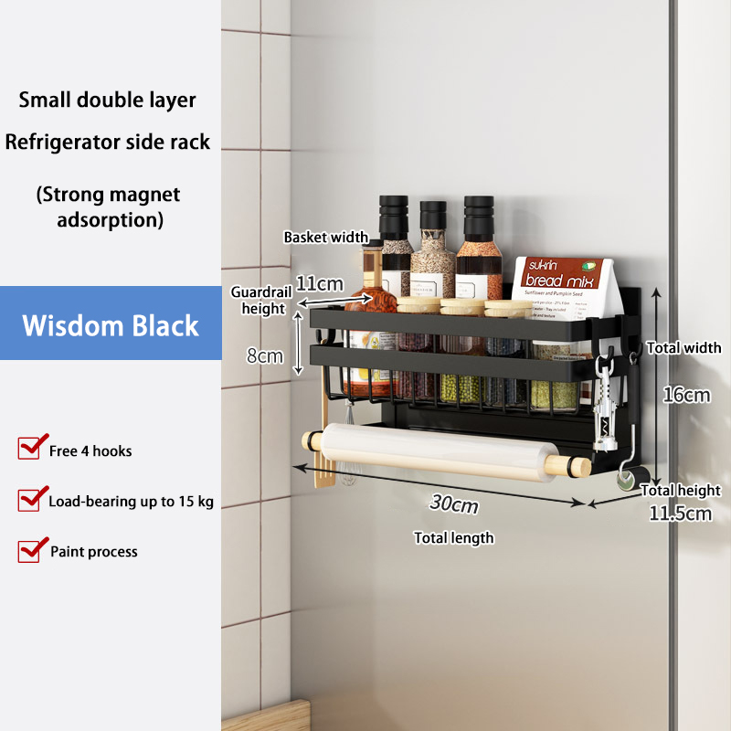 Magnetic Fridge Shelf Kitchen Paper Tube Cling Film Storage Rack Spice Storage Rack Storage Rack On The Side Of The Refrigerator: black