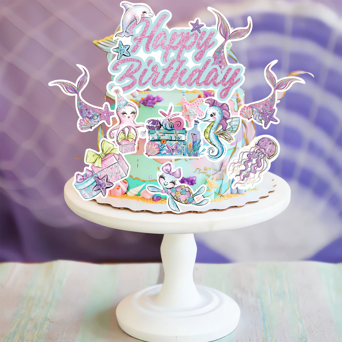 Merenneito-teemainen syntymäpäiväkakun koriste merenneidon pyrstö hyvää syntymäpäivää kakun koriste syntymäpäiväkakkuun vauvakutsujen juhlatarvikkeet