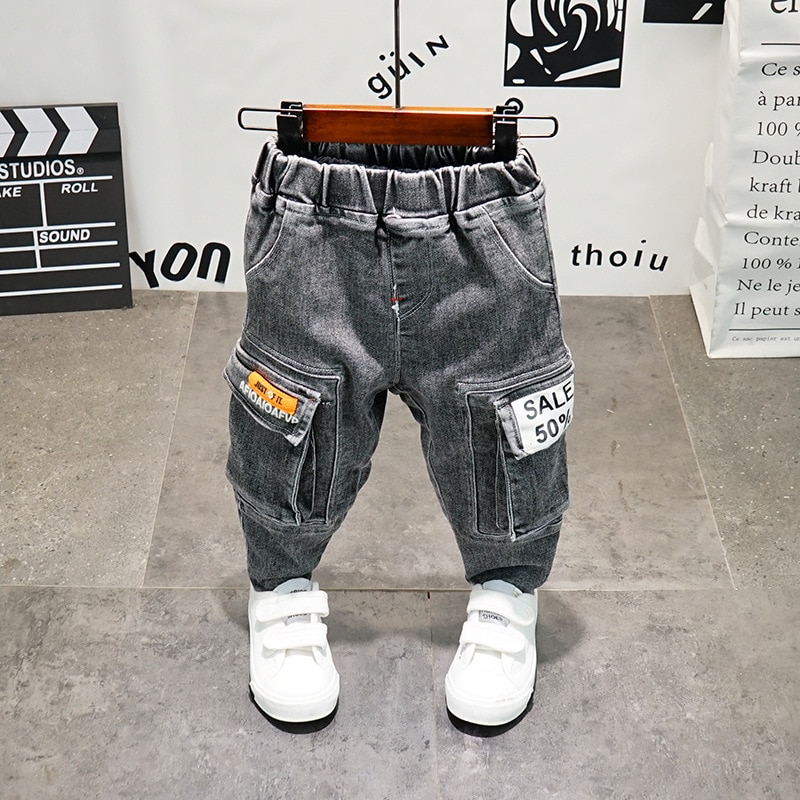 Børne jeans forår efterår koreansk stil baby drenge afslappede bukser børne denim bukser med lommer småbørn cowboy bukser