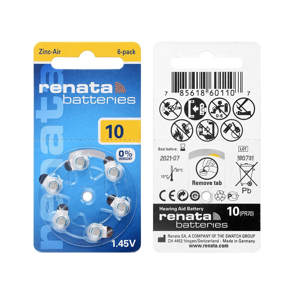 6Pcs Size 10 Hearing Aid Battery 1.45V ZA10 PR70 10AE P10 Zinc Air Batteries