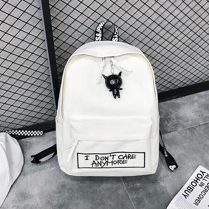 Canvas Backpack Style Women Backpack Doll Pendant Shoulder Bag Girl School Bags Female Backpack: WHITE