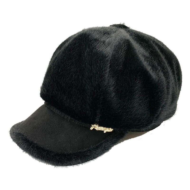Vinter kvinder imiteret pels hatte varmere ensfarvet plys ottekantede kasketter afslappet udendørs vindtætte varme hatte damer hat kasketter: 04