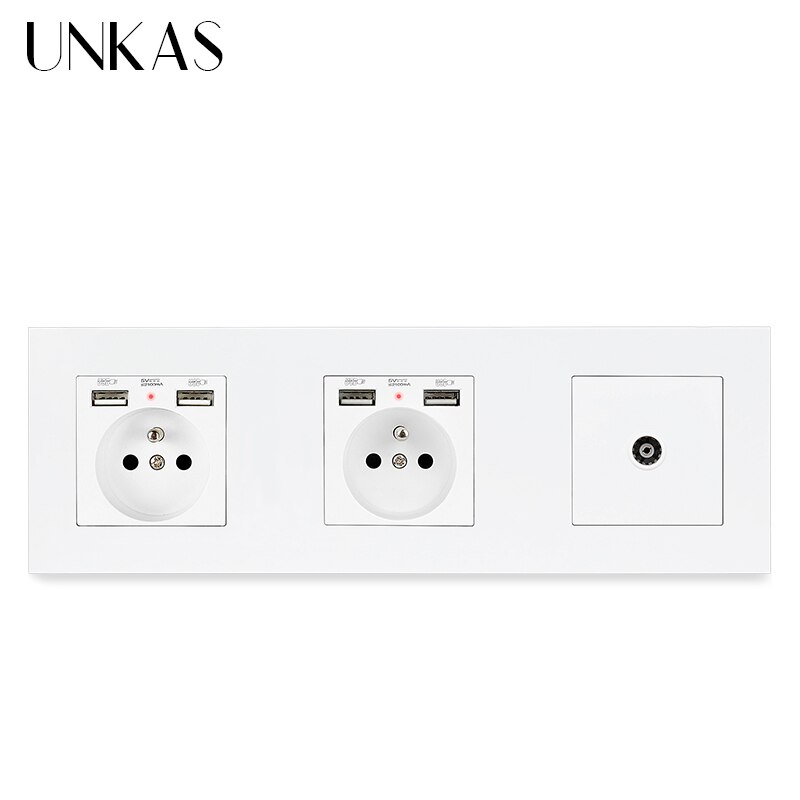 UNKAS 3 Gang French Wall Power Socket Dual USB + HDMI Port USB 3.0 Jack TV RJ11 Telephone RJ45 Internet PC Plastic Panel Outlet: 2 FR 1 TV