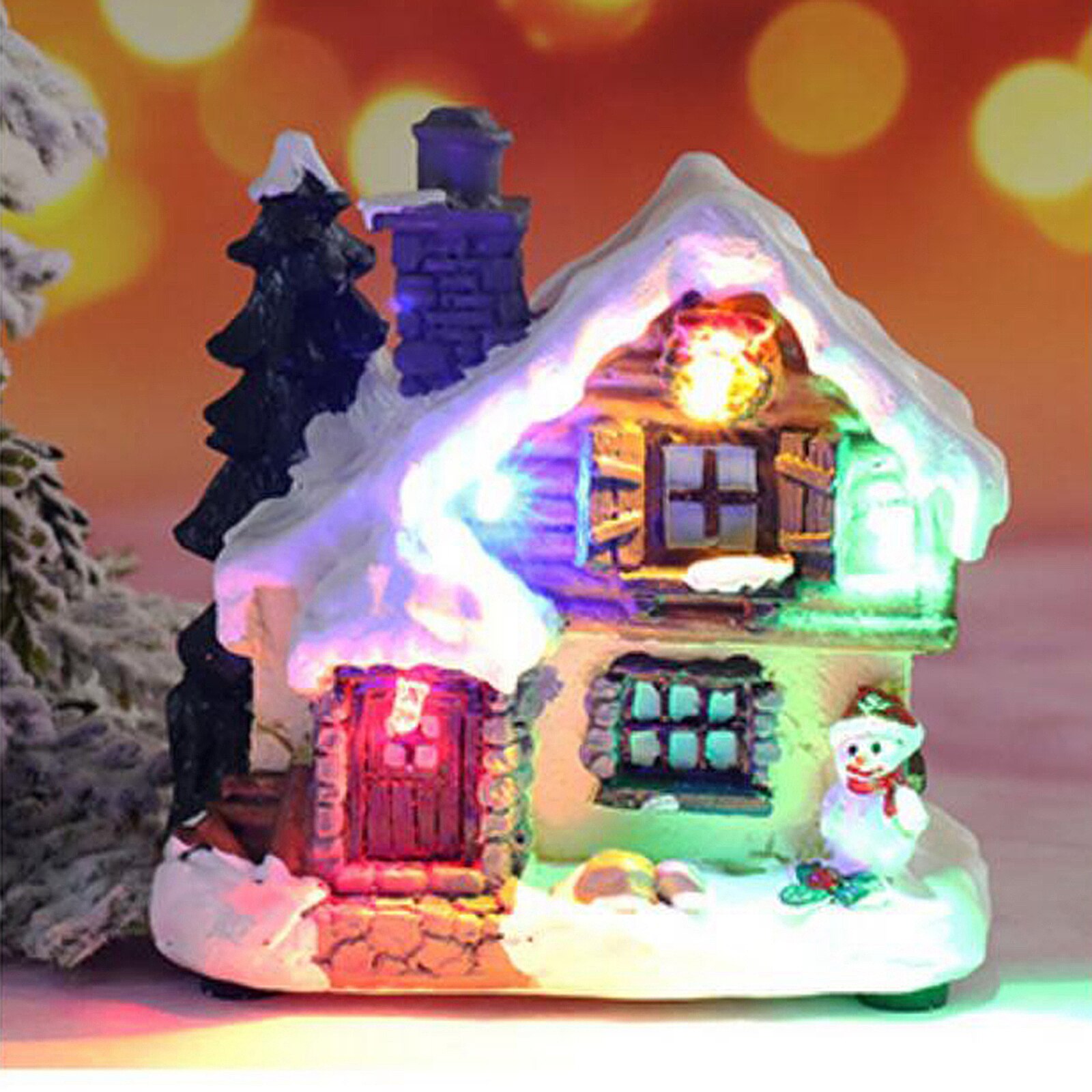 3Pieces LED Light Up Christmas House Village Home Desktop Decor Statue House Tree Display Platform Rustic Snow Country Xmas