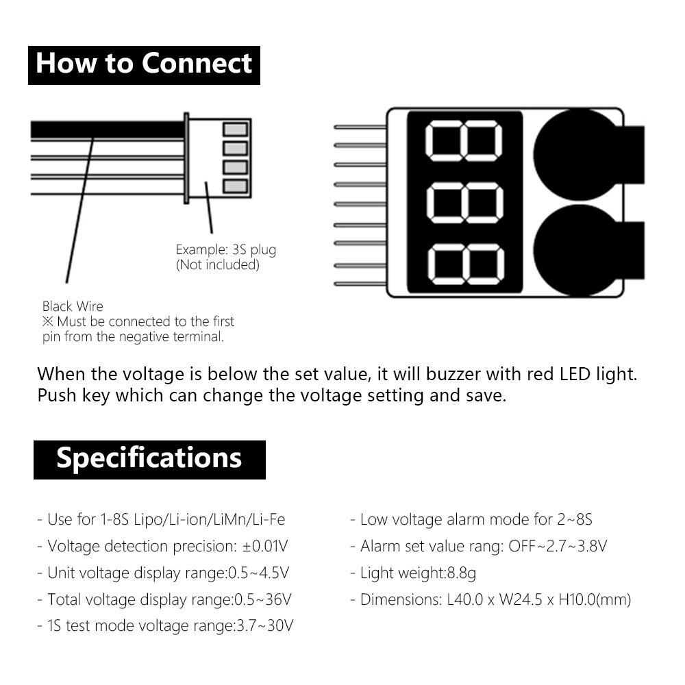 Bx100 1-8s lipo batterispänningsprovare/ lågspänningssummerarm/ batterispänningskontroll med dubbla högtalare