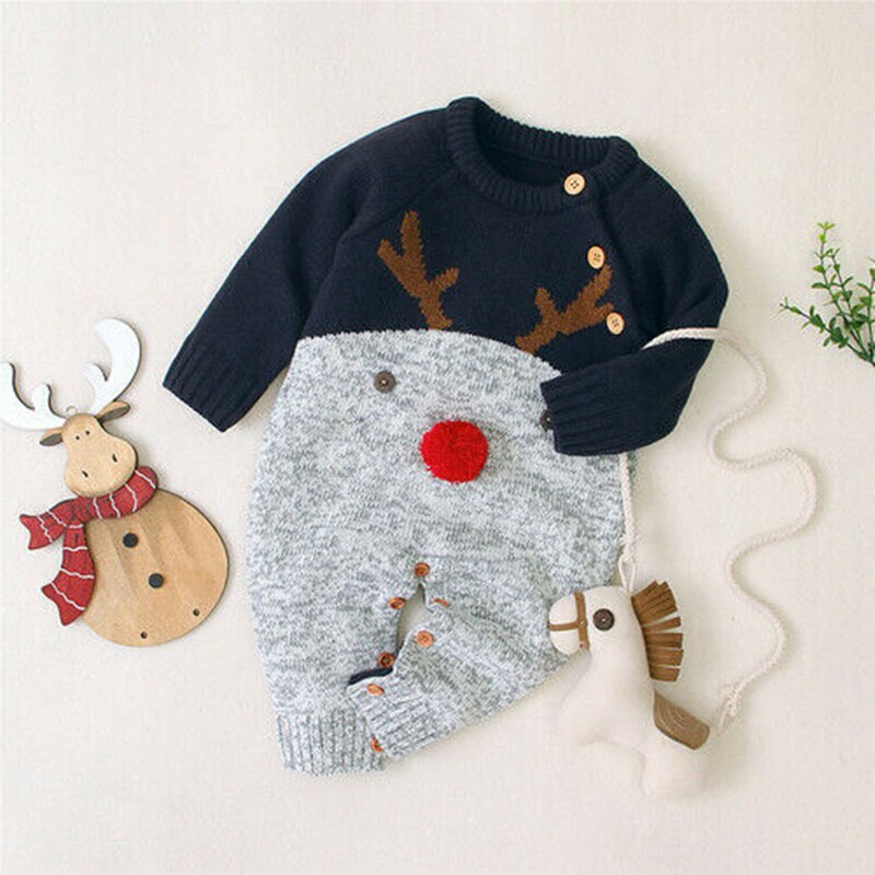 Peleles de punto para bebé de Navidad, ropa para bebé o niños, suéter cálido de invierno, mono, trajes con figura de venado de dibujos animados para niños pequeños