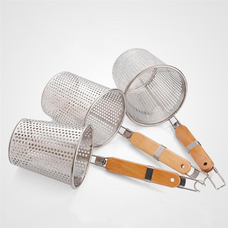 Stainless Steel Strainer Basket Wooden Handle Fine Mesh Spider Food Skimmer Kitchen Sieve for Pasta Dumpling Noodle