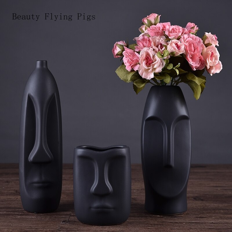 Nordisk stil moderne boligdekorationer keramisk ansigtsvase dekoration stue blomsterarrangement kunsthåndværk møbler