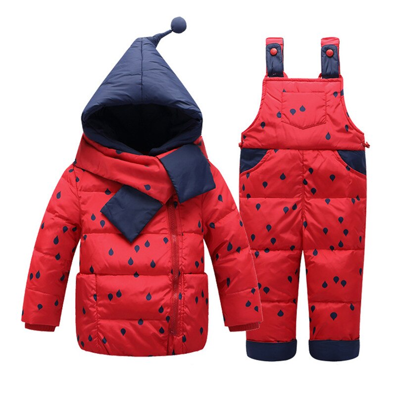 Piger vinter varm dunjakke dragt sæt børn tyk frakke + jumpsuit tøj til børn print regndråber hætteklædte overtøj