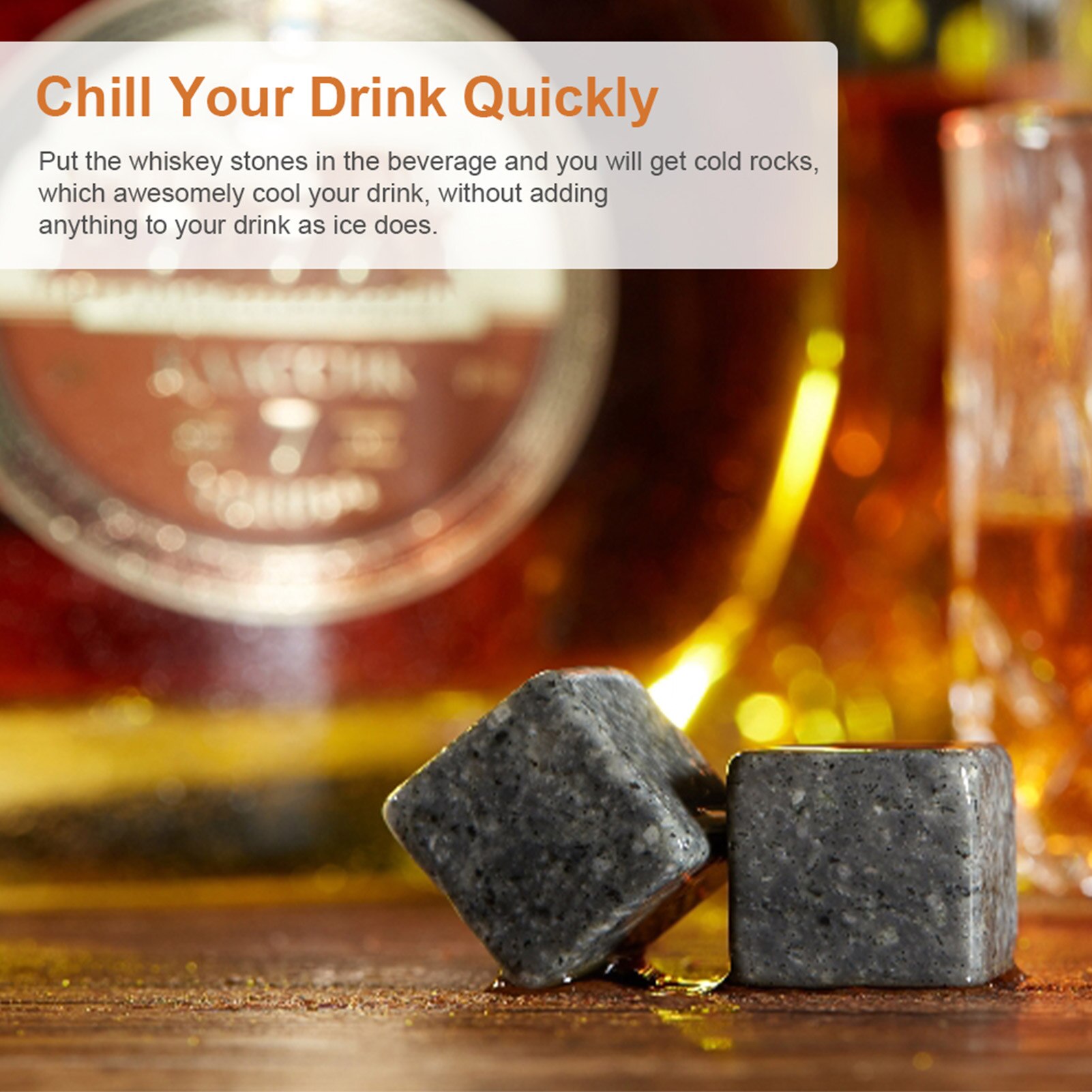 9pcs Whiskey Stones Whiskey Ice Stones Drinks Cooler Cubes Beer Rocks With Wood Case Pouch and Ice Clip Barware Bar Tool 2 Glass