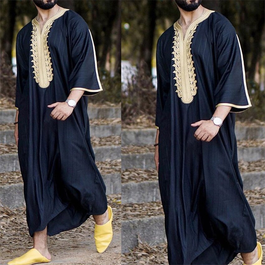 2021 ramadan nova moda caftan muçulmano define abaya homem camisa juventude qamis homme solto casual v-neck cor sólida roupas islâmicas