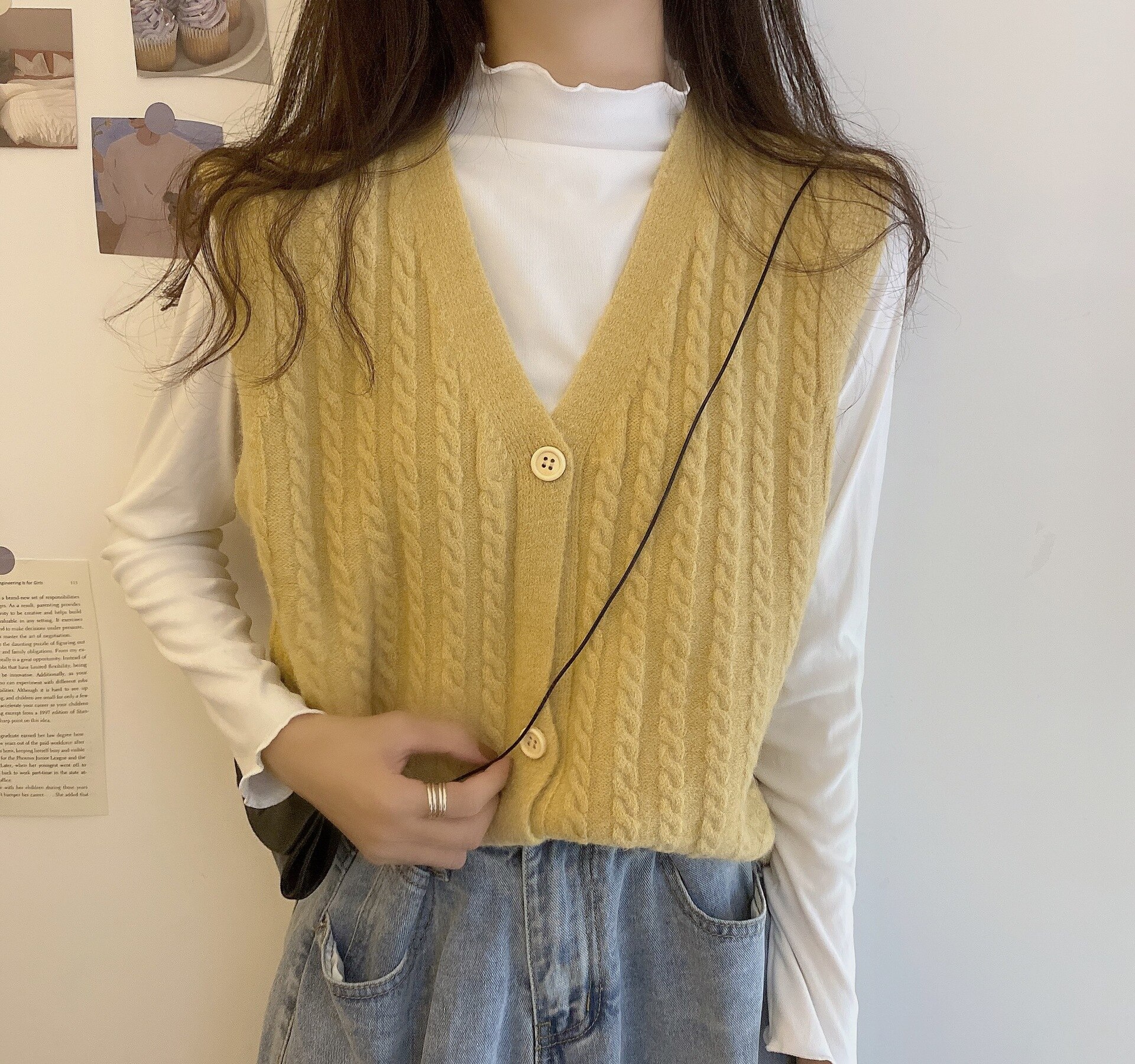 Women's Knitted cardigan vest sweater cardigans for winter clothes women sleeveless sweater female roll collar: Yellow vest
