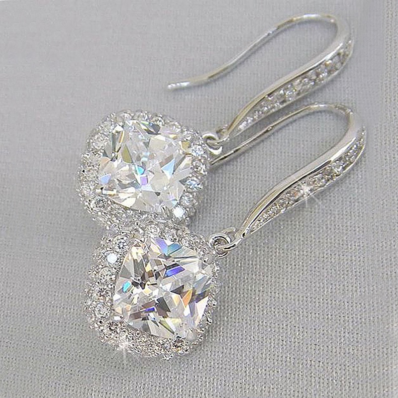1 Paar Zilver Kleur Vierkante Earring Bruiloft Bruids Accessoires Shine Zirkoon Stone Elegante Vrouwen Sieraden Trendy Luxe
