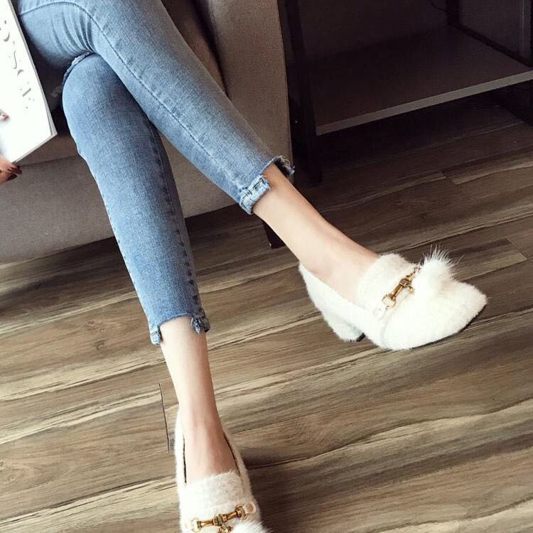 Einzel-schuh frauen herbst modell dicken absätzen abend fluss Su Bai mit nerz wolle schuhe hohe-mit hohen absätzen eine fuß bean schuhe