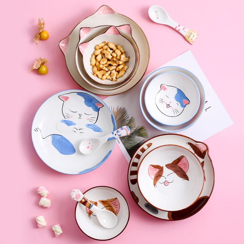 Cute Cat Ceramic Dinner Plate Dish Bowl Spoon Set Cartoon Porcelain Food Container Kids breakfast Dinnerware Set