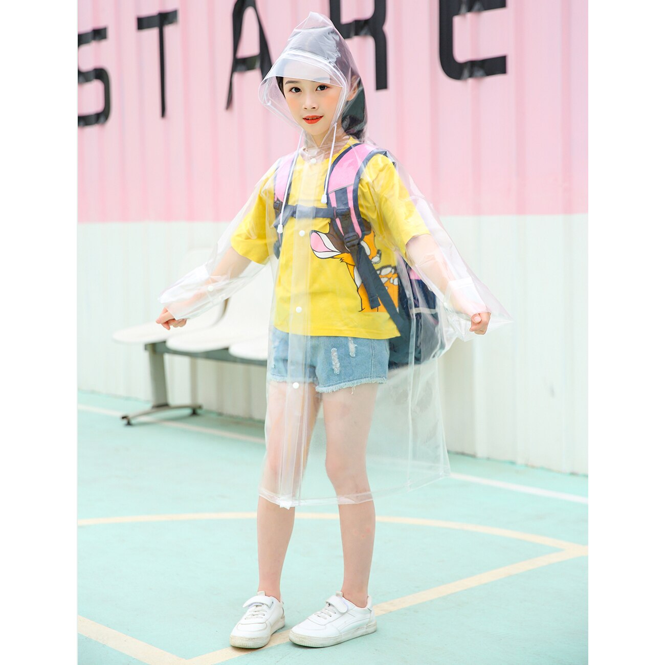 Kids Clear Long Raincoat Transparent Rain Coat with hood and Backpack Position for Children Boys and Girls