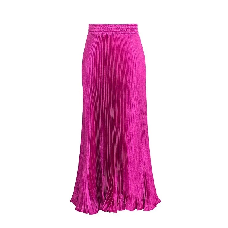 Falda larga de satén metálico, falda Midi Gored de cintura alta, faldas de medio cuerpo plisadas de Color puro de un metro con música de viento: Rojo rosado