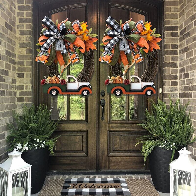 Pompoen Truck Krans Deur Opknoping Ornamenten Xmas Hanger Vrolijk Kerstfeest Decoratie Voor Thuis Halloween Party Thanksgiving Decor