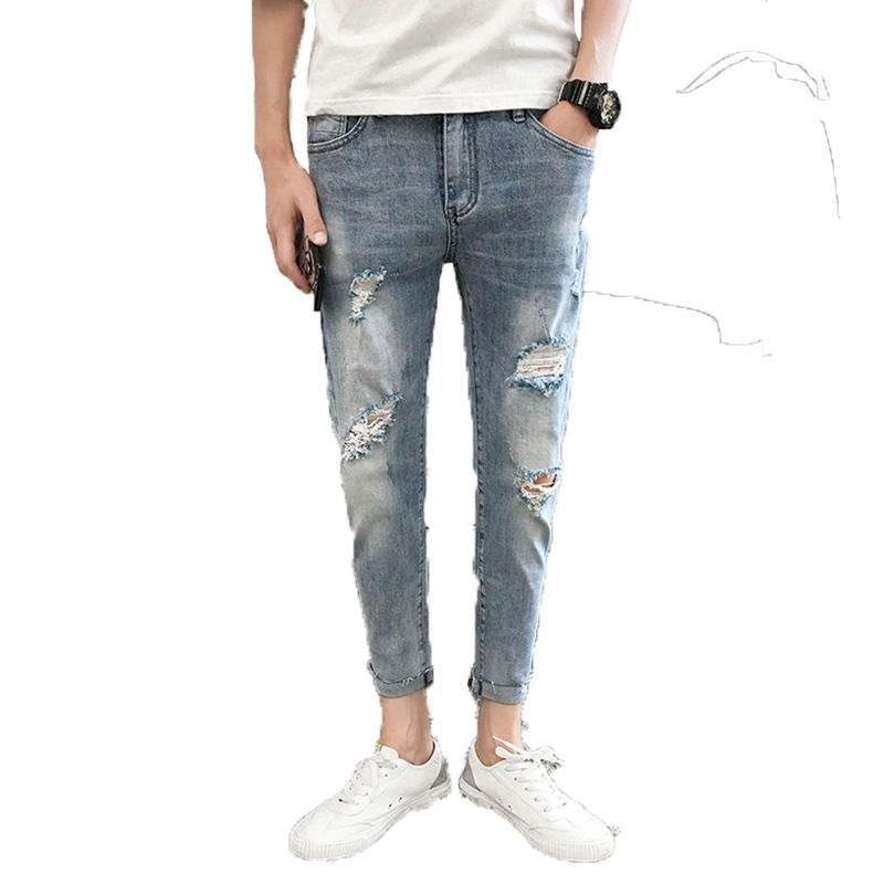 men's ripped jeans Slim fit feet all-match pants Korean style washed trendy beggar teenager pencil pants