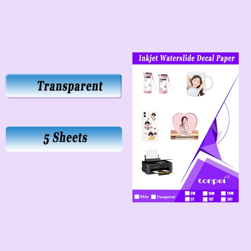 A4 Inkjet Waterslide Decal Paper Waterbased slide transfer paper White Transparent 5 10 20 Sheets: 5 transparent