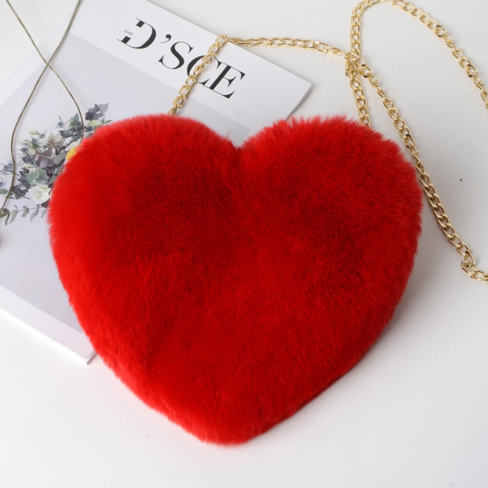 Women Heart Shaped Bag Female Chain Messenger Bag Plush Love Shoulder Crossbody Bag Winter Fur Hand Bags: A