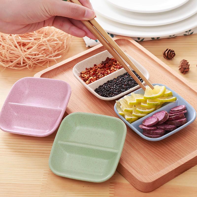 1 Pcs Kitchen Plates Sauce Dish Double Grids Wheatgrass Bowl Seasoning Sauce Drain Vinegar Taste Board Snack Dish Multi-purpose