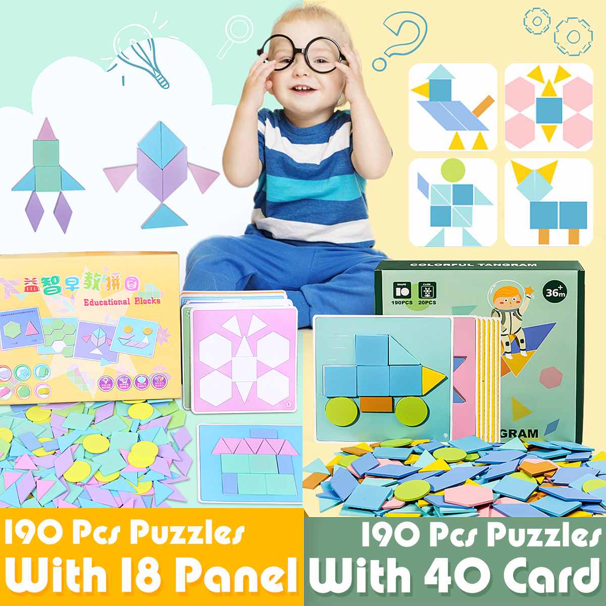190 stuks puzzels  +18 panelen houten geometrisch bord puzzel tangram legpuzzel bord speelgoed baby vroeg educatief leerspeelgoed voor kinderen