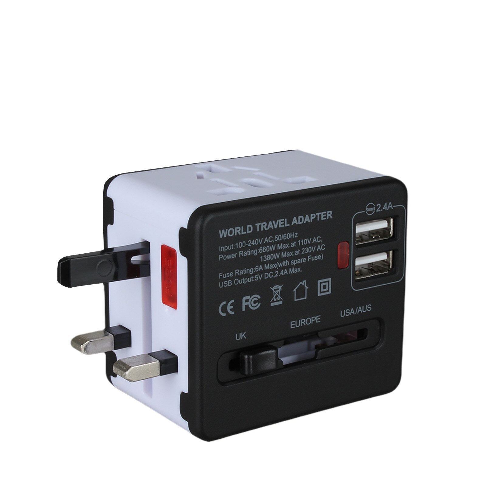 Newest USB Socket Adapter Multi-Purpose Switcher, Power Supply EU AU US UK Plug Hotel Phone Laptop Charger: White