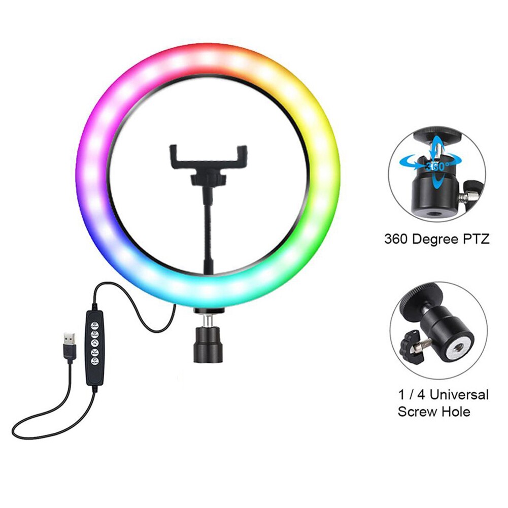 10 inch Video Lamp Dimmable LED Selfie RGB Ring Light USB Photography Light with Phone Holder for Makeup Video Live Studio