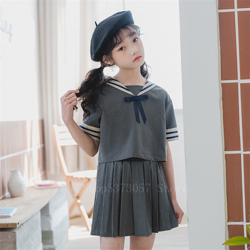 Børne skoleuniform sømandssæt baby kawaii piger grå stribet krave japansk kortærmet skjorte plisseret nederdel chorus jk sæt 160cm
