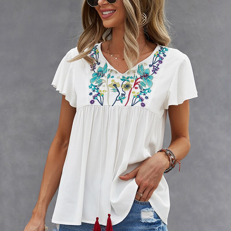 Zomer dames T-shirt losse effen kleur ruches mouw top V-hals T-shirt kopen vanaf een prijs van