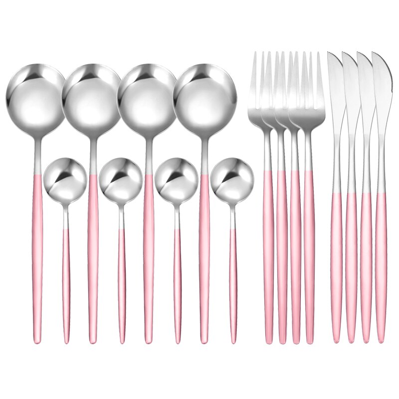 16Pcs/Set White Gold Cutlery Set Knives Forks Tea Spoon Dinnerware Flatware Stainless Steel Silverware Kitchen Tableware Set: 16 Pcs Pink Silver