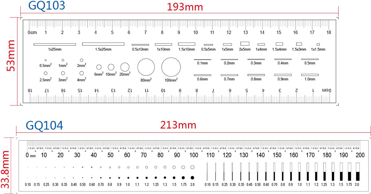 65x100mm Standard Point Gauge Film Ruler Line Width Diameter Area Comparison Card Micrometer for Defect Detection: 5