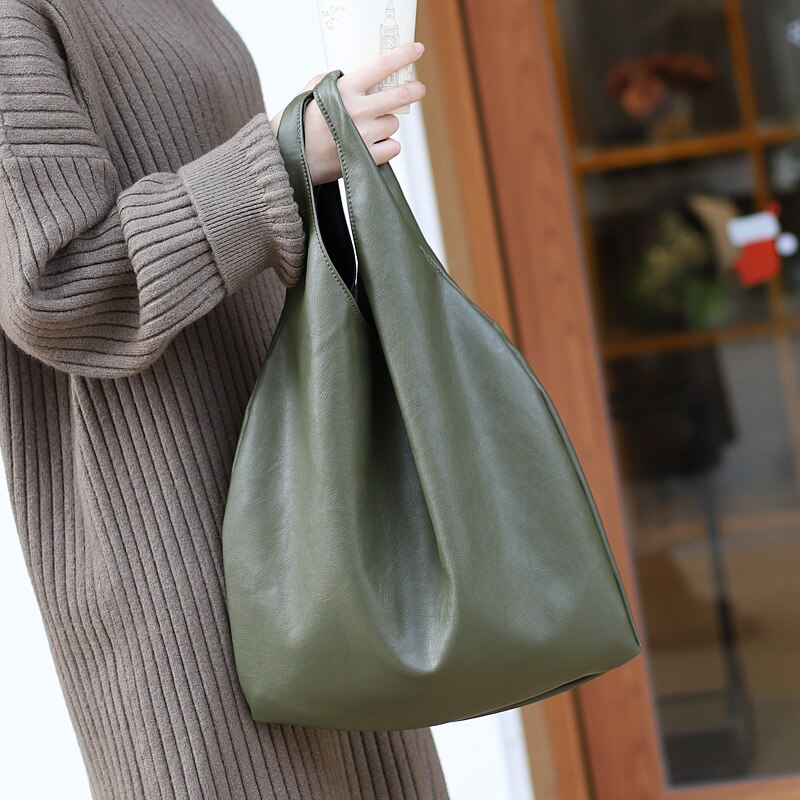 Simpel blød pu læder kvinder håndtaske stor kapacitet afslappet store damer totes indkøbspose ensfarvet vild komposit taske bols: Grøn