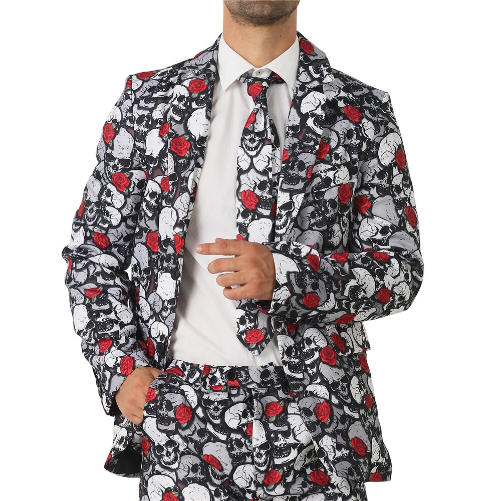 CRAZE Scary Dead Skull Cosplay Men floral Rose Suits Halloween Costumes Black Gothic Blazer Carnival Party Slim Fit Outfit