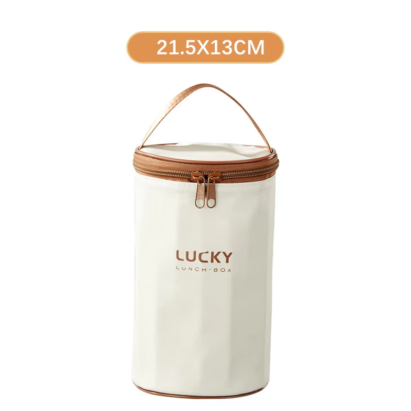Portable Beige Thermal Lunch Box Bag Round Barrel Insulated Cooler Pouch Bento Food Storage Bags for Kids Meal Dinner Container: Gold