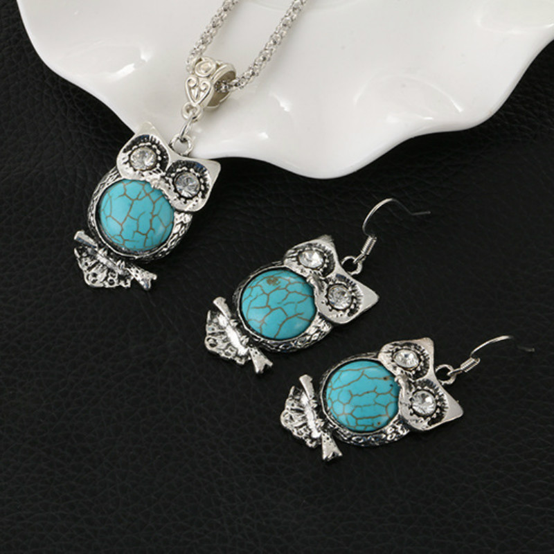 Retro Turquoise Uil Sieraden Sets 925 Zilveren Hanger Oorbel Ketting Ketting Handgemaakte Amulet Voor Haar Vrouw