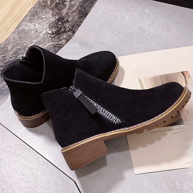 1 Pair Women Lady Ankle Boots Square Heel Side Zipper Round Toe Casual Shoes