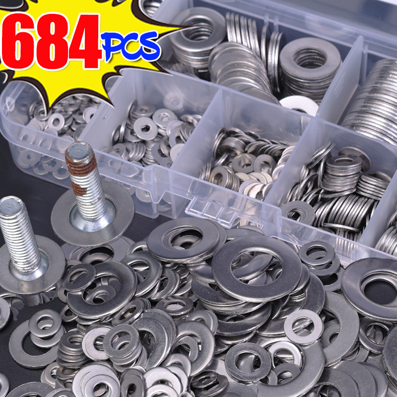 684/180PCS Stainless Steel Washer Set M2-M12 Metal O Rings Fasteners Gaskets For Screws Bolts Assortment Kits Hardware Washers