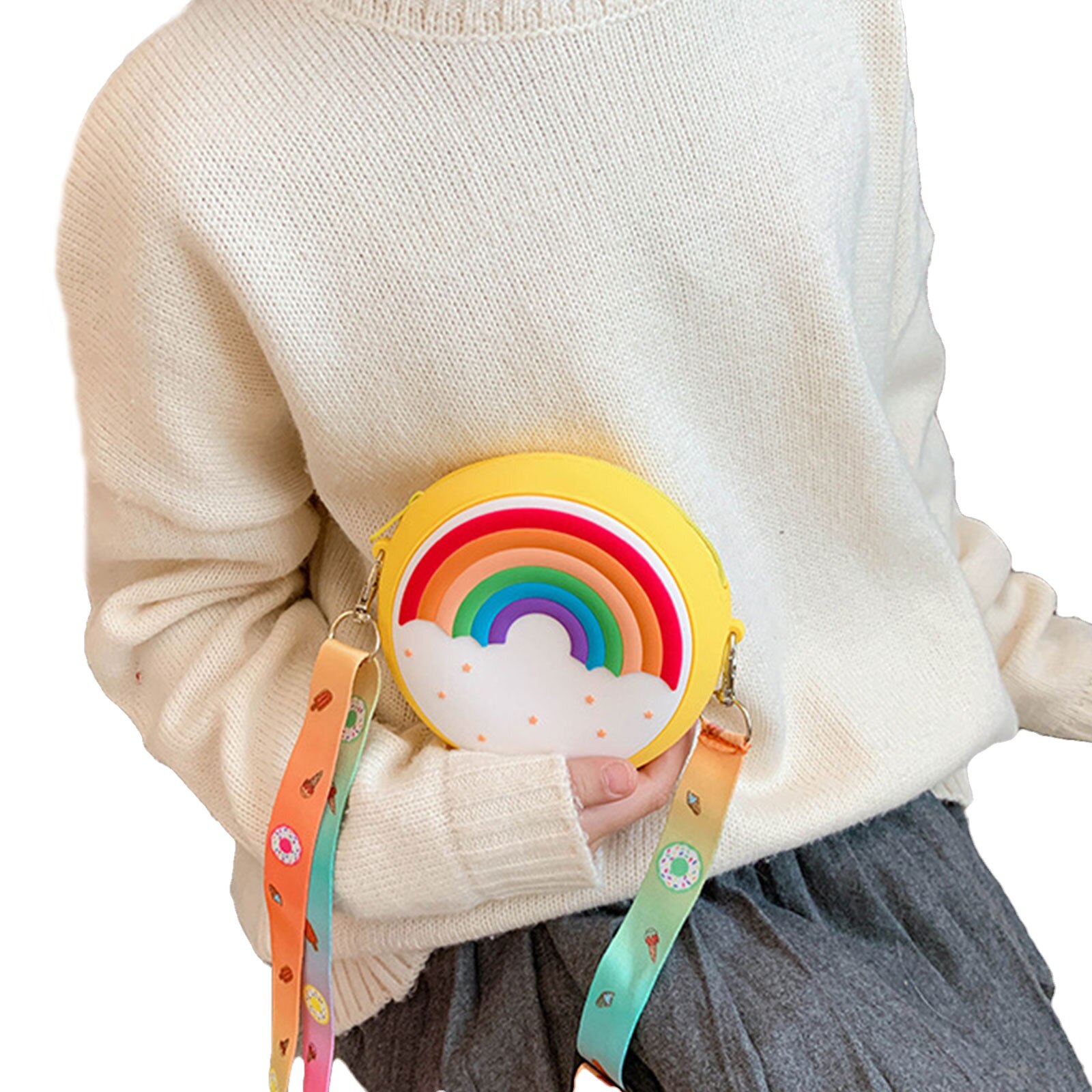 Kids Shoulder Bag Cross-Body Pack Round Adjustable Wide Strap Travel Large Capacity Rainbow Donut Printed Pockets