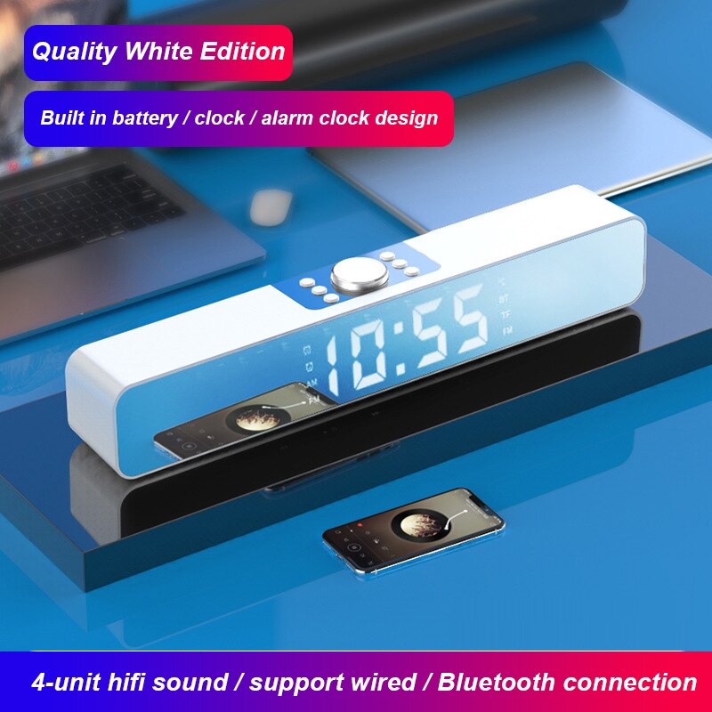 LED TV réveil Portable sans fil Bluetooth haut-parleur colonne stéréo basse barre de son FM Radio USB Subwoofer pour ordinateur TV téléphone: white clock
