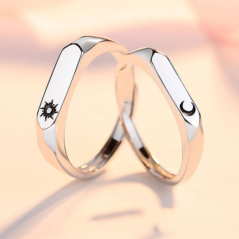 Anillos de pareja de sol y luna de Color plateado para mujer, anillo romántico con letras de día y noche, joyería para banquete de compromiso, para citas, 2 uds.: Azul