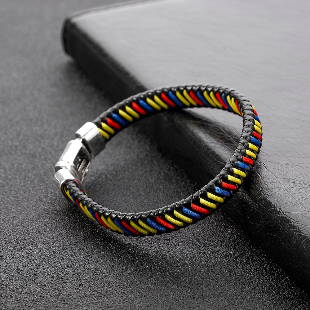 925 Silver color Men Jewelry Buddha Bracelet Wristband Punk Black Braided Leather Bracelet for Men Safty Clasp Bangles: A / 18.5cm