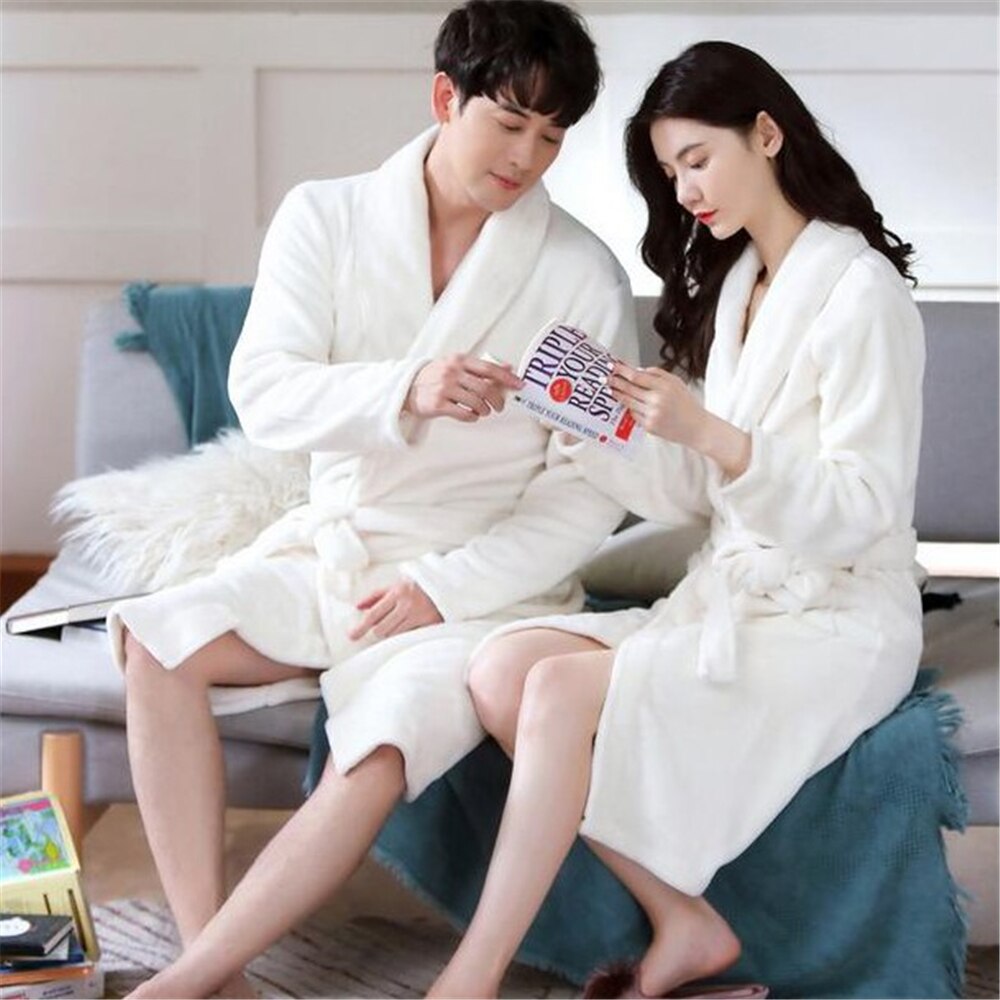 Pajamas White Women Men Coral Kimono Bathrobe Gown Lovers Couple Flannel Nightwear Winter Thicken Warm Soft Robe Gown Sleepwear