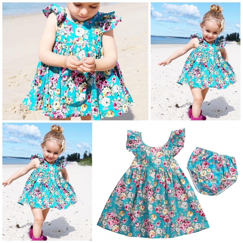 Lovely Summer Infant Baby Girl Ruffle Floral Dress Sundress Briefs Outfits Clothes Set Baby Christmas Dress
