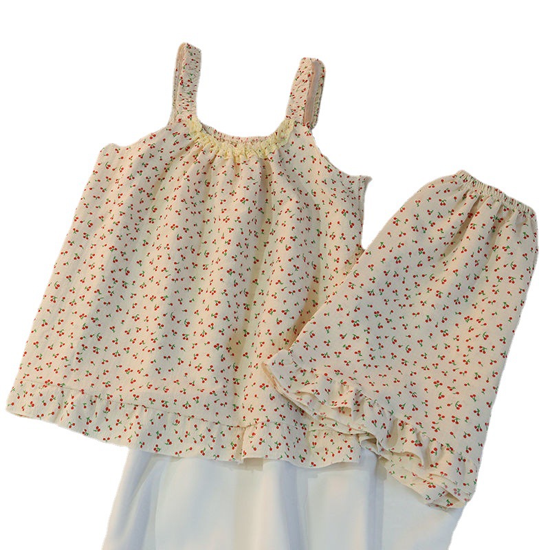 Damepyjamas loungewear damestrømpeholder forår sommer tynd ærmeløs vest koreansk blomstret sød pyjamas loungewear sæt
